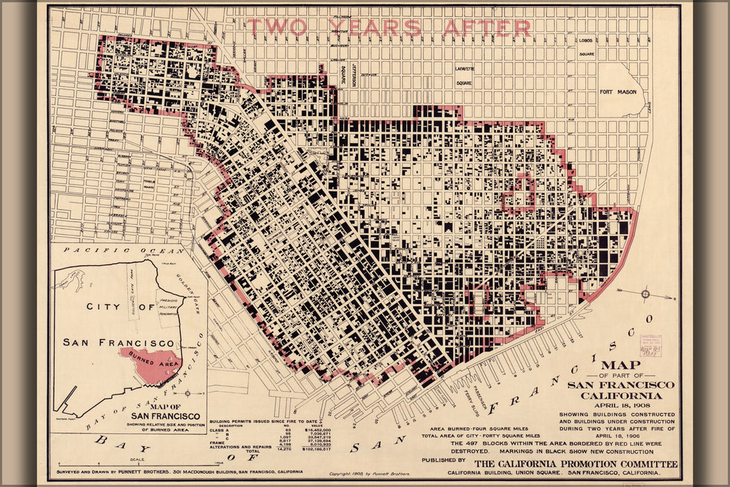 24"x36" Gallery Poster, Map of San Francisco two years after 1906 fire