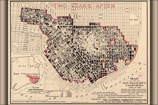 24"x36" Gallery Poster, Map of San Francisco two years after 1906 fire