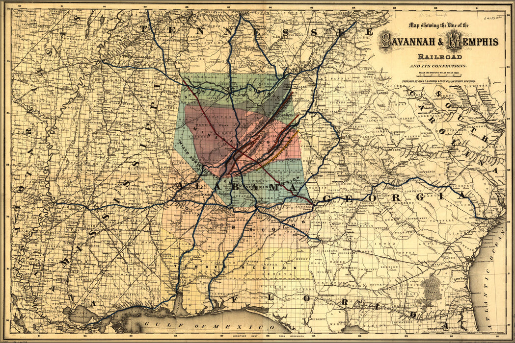 24"x36" Gallery Poster, Map of Savannah & Memphis Railroad 1872