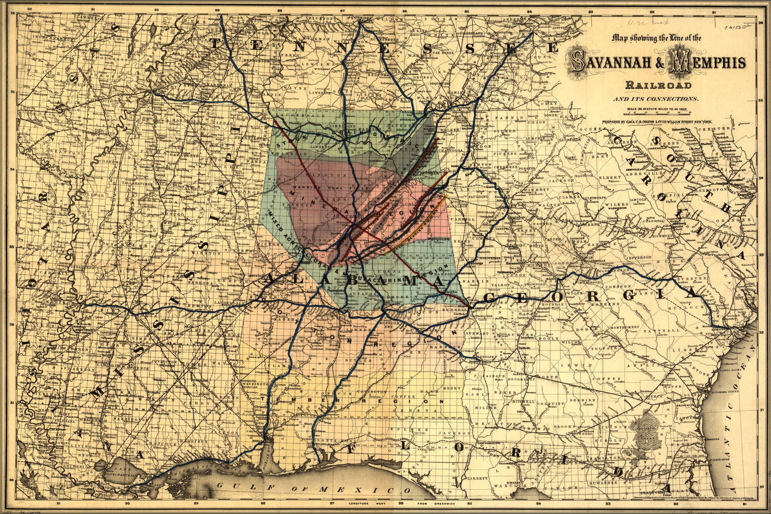 24"x36" Gallery Poster, Map of Savannah & Memphis Railroad 1872