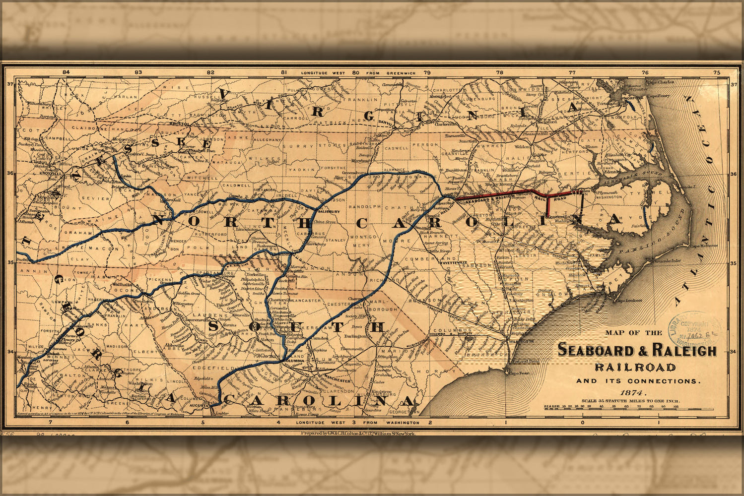 24"x36" Gallery Poster, Map of Seaboard & Raleigh Railroad 1874