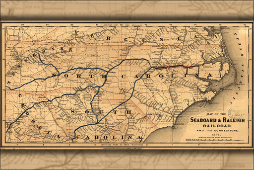 24"x36" Gallery Poster, Map of Seaboard & Raleigh Railroad 1874