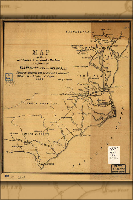 24"x36" Gallery Poster, Map of Seaboard & Roanoke Railroad virginia 1847
