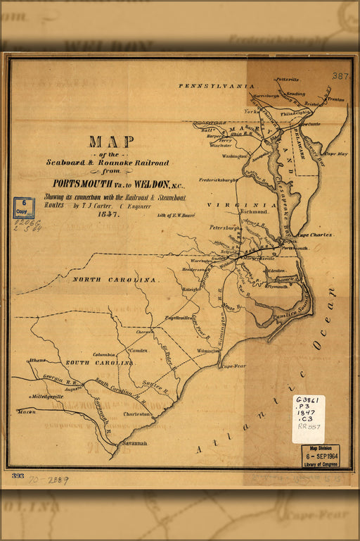 24"x36" Gallery Poster, Map of Seaboard & Roanoke Railroad virginia 1847