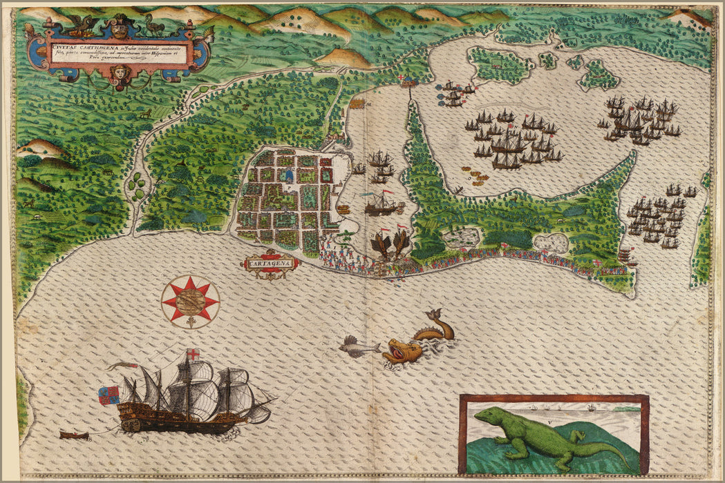 24"x36" Gallery Poster, Map of Sir Francis Drake at Cartagena 1589