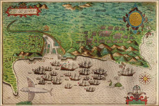 24"x36" Gallery Poster, Map of Sir Francis Drake at Santiago 1589