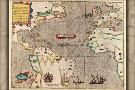 24"x36" Gallery Poster, Map of Sir Francis Drake's voyage 1585-6