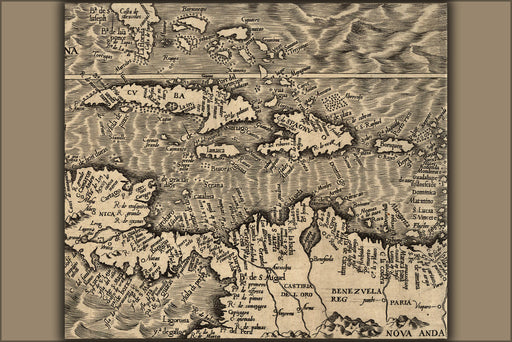 24"x36" Gallery Poster, Map of South Florida Cuba jamaica West Indies 1562 by Diego Gutierrez