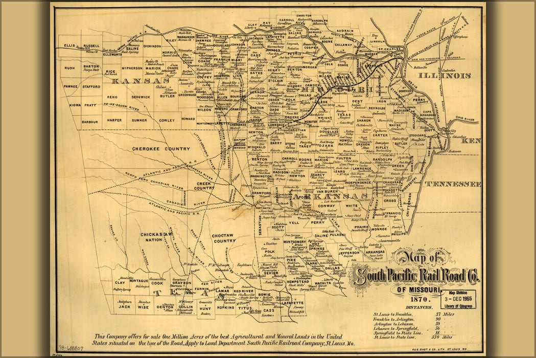 24"x36" Gallery Poster, Map of South Pacific RailRoad Co of Missouri 1870