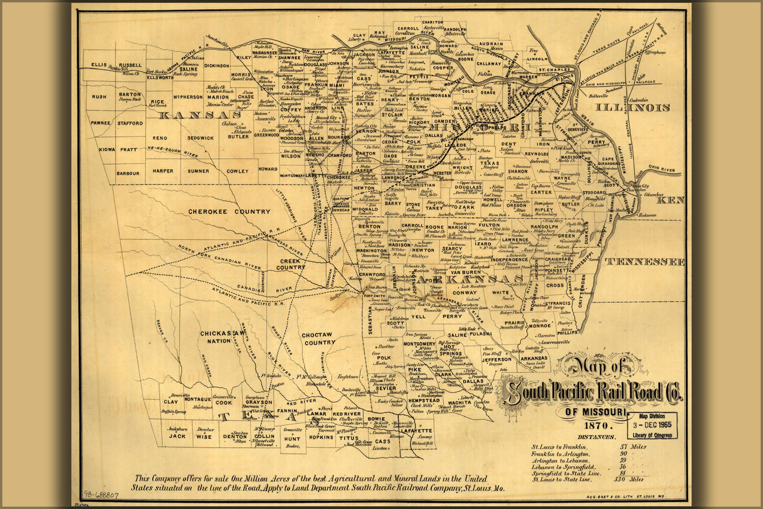 24"x36" Gallery Poster, Map of South Pacific RailRoad Co of Missouri 1870