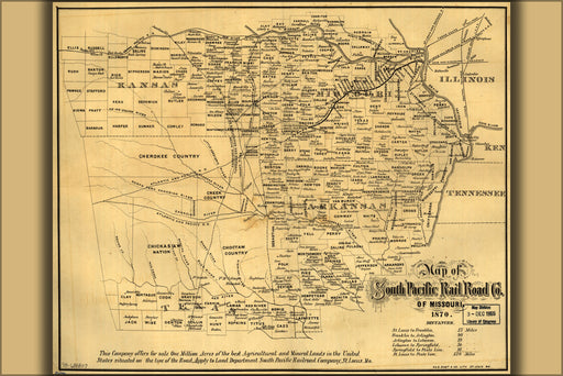 24"x36" Gallery Poster, Map of South Pacific RailRoad Co of Missouri 1870