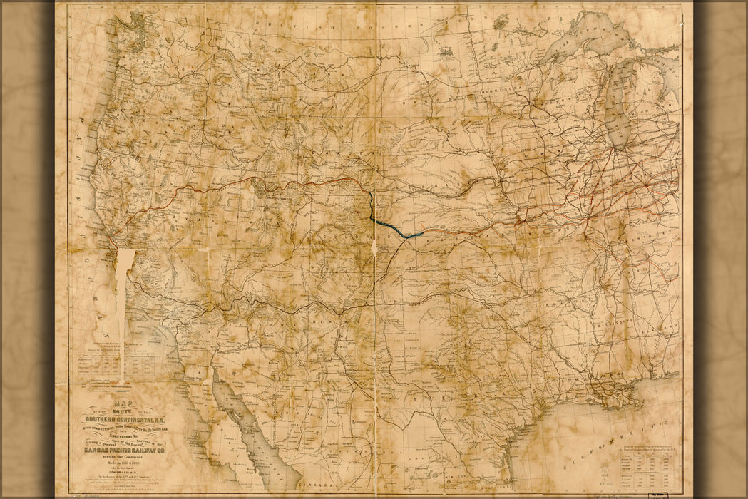 24"x36" Gallery Poster, Map of Southern Continental Railroad 1868