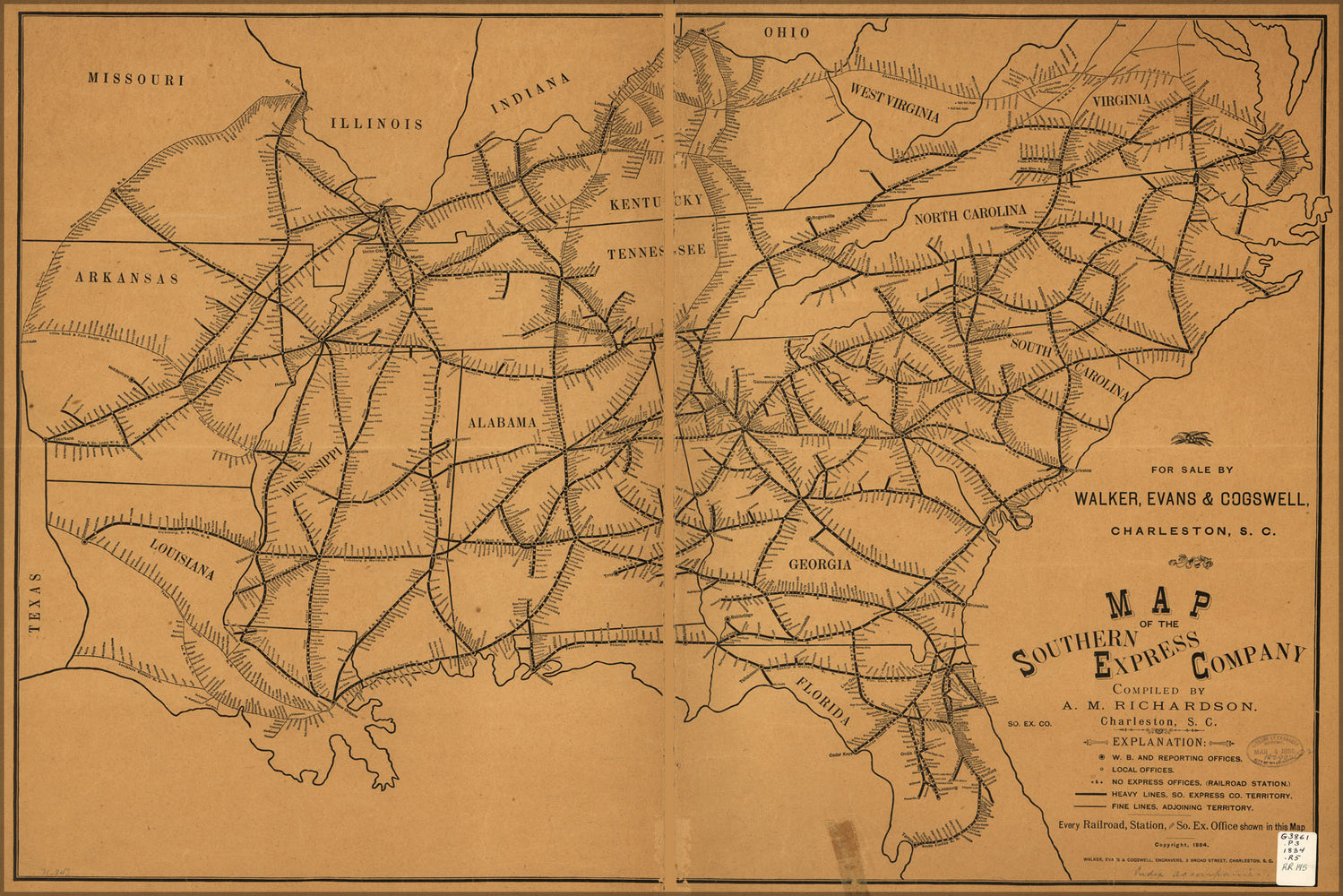 24"x36" Gallery Poster, Map of Southern Express Company railroad 1884
