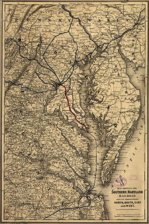 24"x36" Gallery Poster, Map of Southern Maryland Railroad 1881