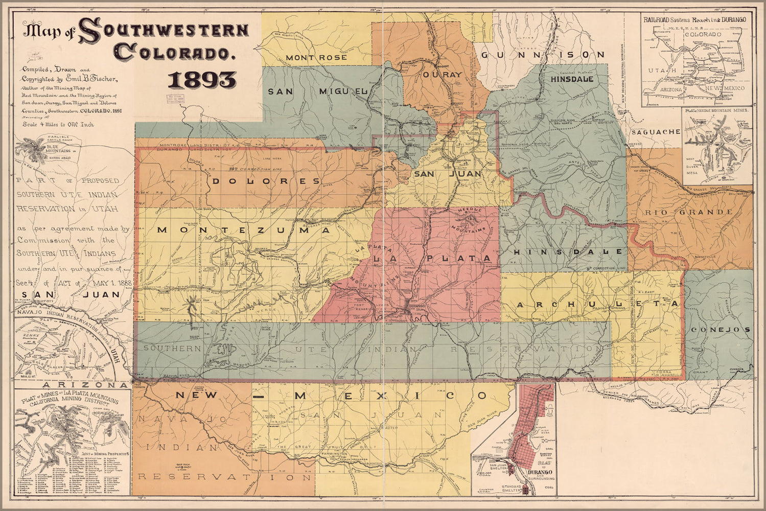 24"x36" Gallery Poster, Map of Southwestern Colorado 1893