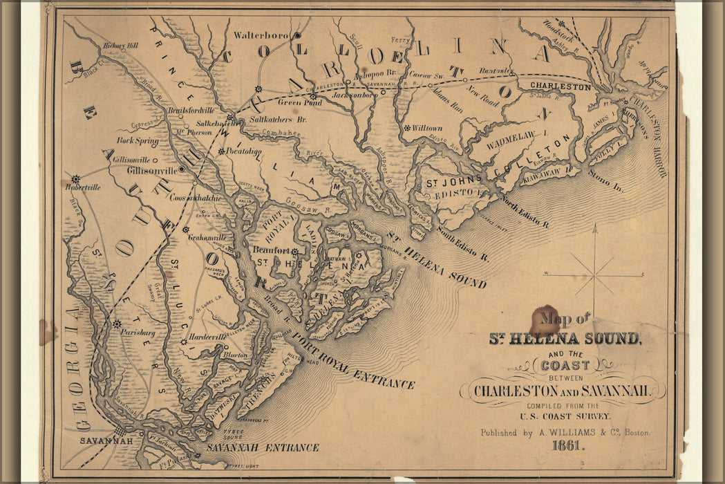 24"x36" Gallery Poster, Map of St. Helena Sound, and the coast between Charleston and Savannah compiled from the U.S. Coast Survey 1861