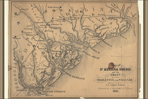 24"x36" Gallery Poster, Map of St. Helena Sound, and the coast between Charleston and Savannah compiled from the U.S. Coast Survey 1861