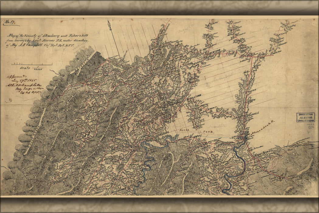 24"x36" Gallery Poster, Map of Strasburg and Fisher's Hill virginia 1865