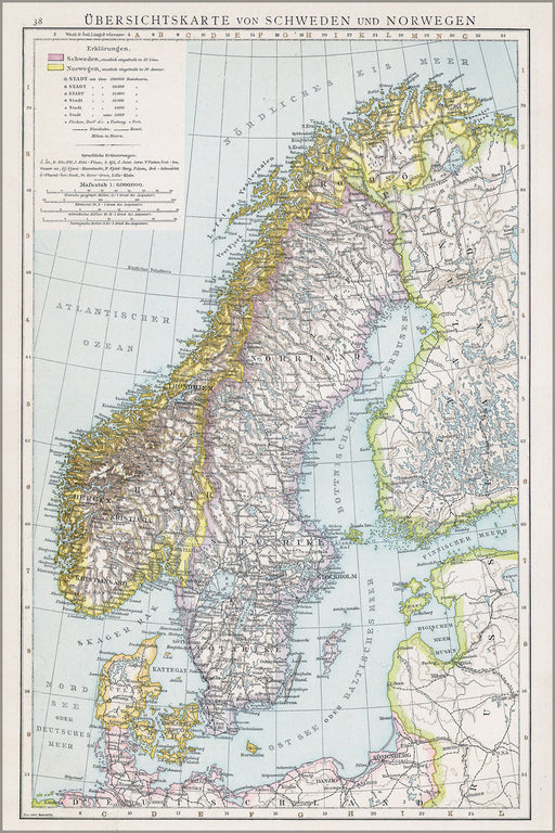 24"x36" Gallery Poster, Map of Sweden and Norway, 1890