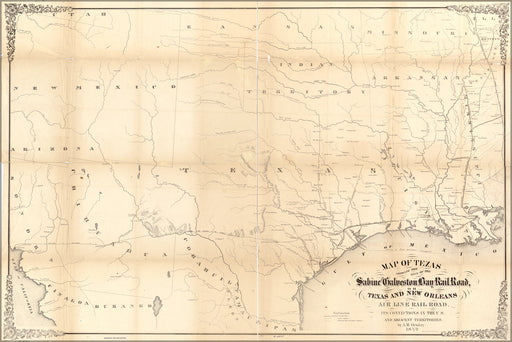 24"x36" Gallery Poster, Map of Texas Sabine Galveston Bay RailRoad, 1859