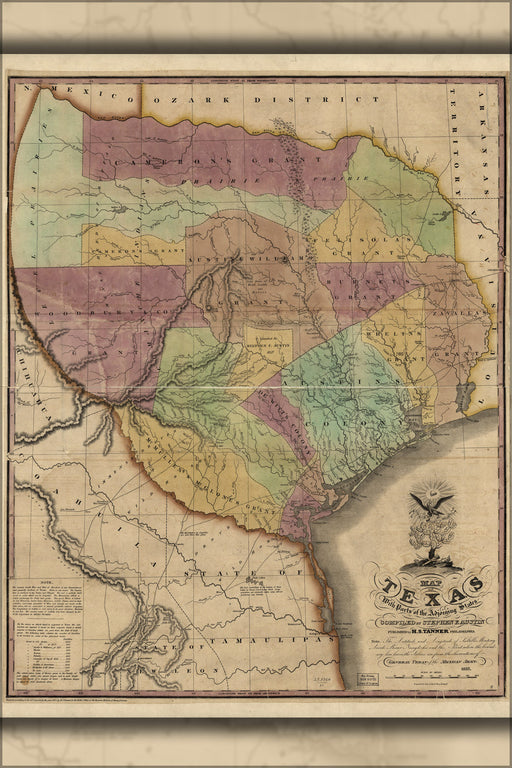 24"x36" Gallery Poster, Map of Texas by Stephen F. Austin 1837