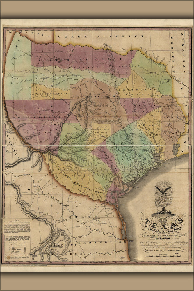 24"x36" Gallery Poster, Map of Texas compiled by Stephen F. Austin 1837