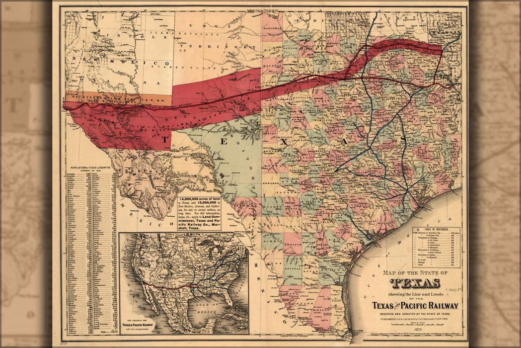 24"x36" Gallery Poster, Map of Texas with Texas & Pacific Railroad 1873