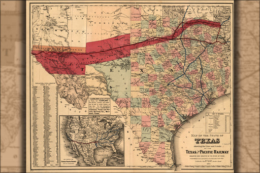 24"x36" Gallery Poster, Map of Texas with Texas & Pacific Railroad 1873