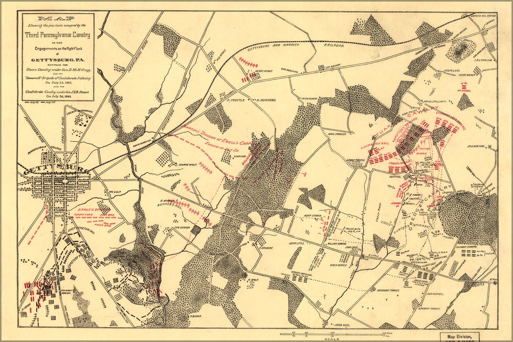 24"x36" Gallery Poster, Map of Third Pennsylvania Cavalry at Gettysburg
