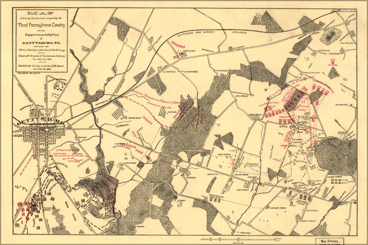 24"x36" Gallery Poster, Map of Third Pennsylvania Cavalry at Gettysburg