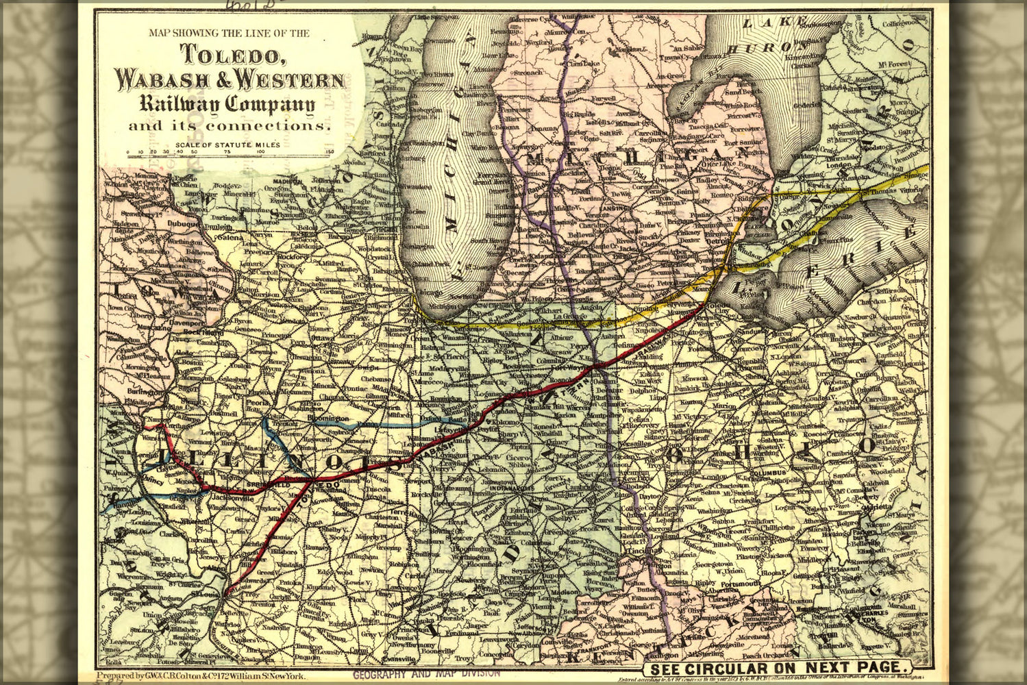 24"x36" Gallery Poster, Map of Toledo, Wabash, & Western Railway 1873