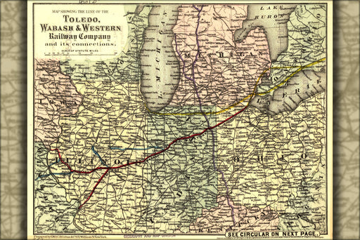 24"x36" Gallery Poster, Map of Toledo, Wabash, & Western Railway 1873