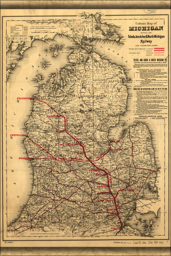 24"x36" Gallery Poster, Map of Toledo Ann Arbor n Michigan Railroad 1886