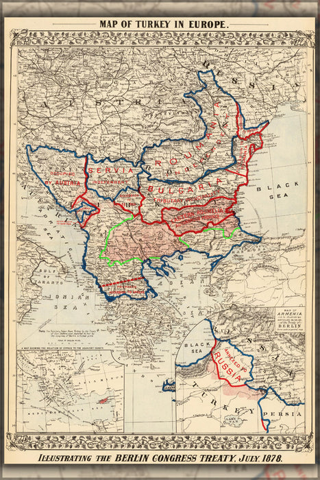 24"x36" Gallery Poster, Map of Turkey c1878, illustrating the results of the Treaty of Berlin from 1878