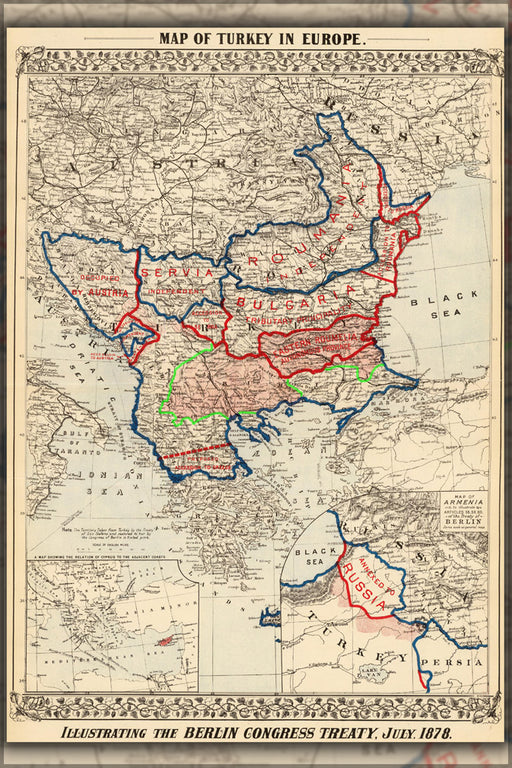 24"x36" Gallery Poster, Map of Turkey c1878, illustrating the results of the Treaty of Berlin from 1878