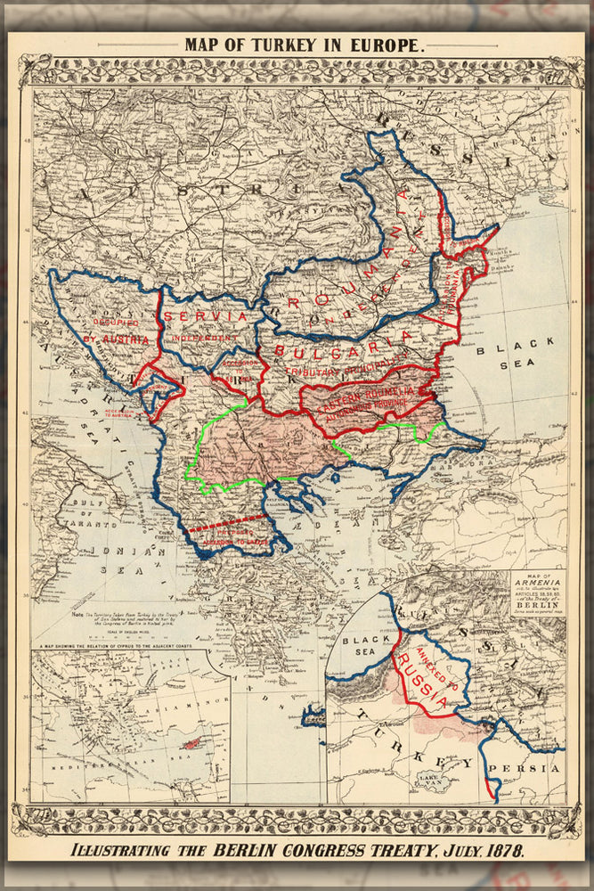 24"x36" Gallery Poster, Map of Turkey c1878, illustrating the results of the Treaty of Berlin from 1878