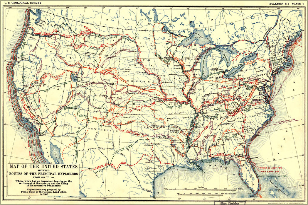 24"x36" Gallery Poster, Map of United States explorers 1501 to 1844