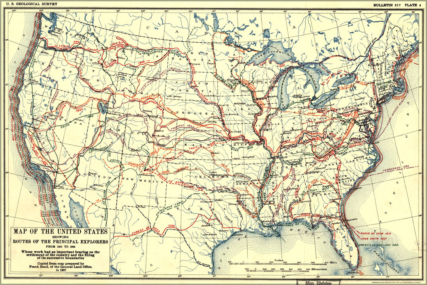 24"x36" Gallery Poster, Map of United States explorers 1501 to 1844