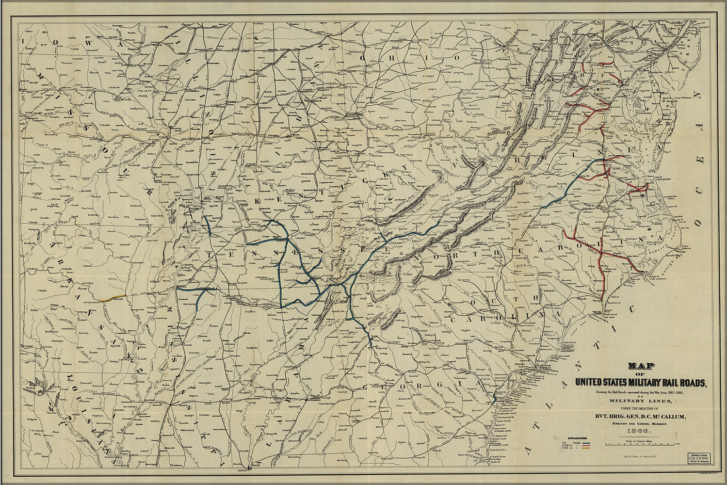 24"x36" Gallery Poster, Map of United States military rail roads 1862-66