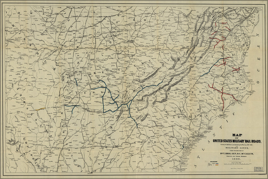 24"x36" Gallery Poster, Map of United States military railroads 1866