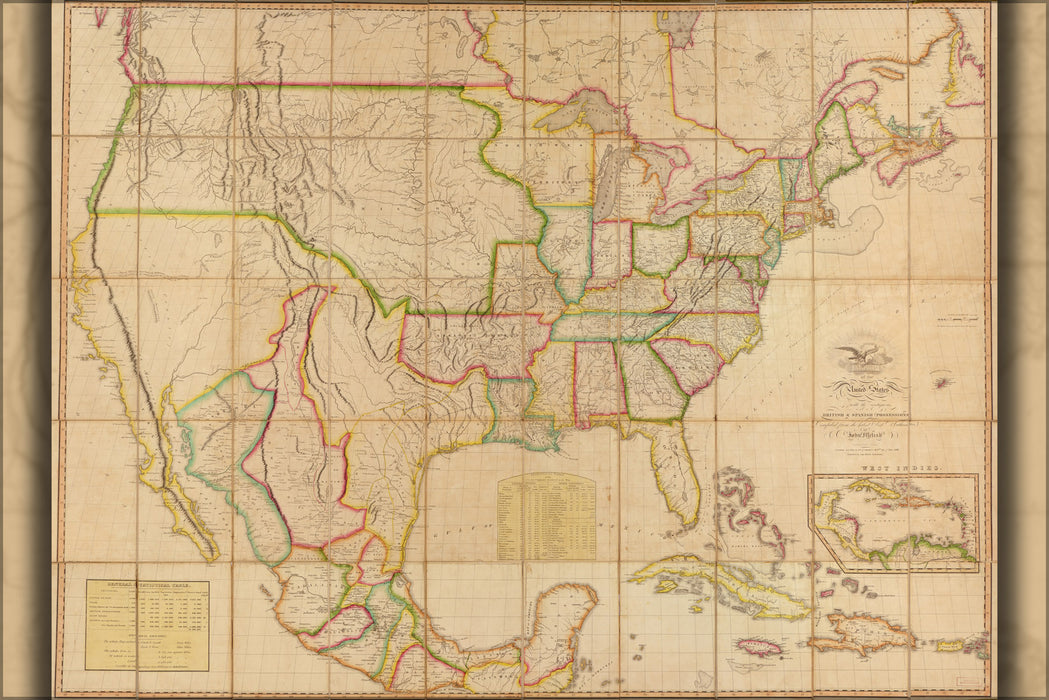 24"x36" Gallery Poster, Map of United States of America & mexico 1820