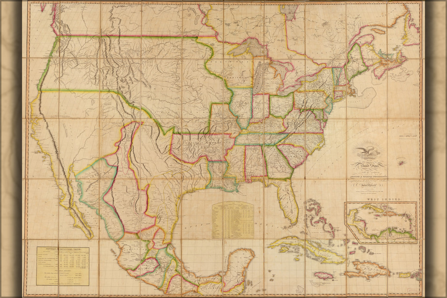 24"x36" Gallery Poster, Map of United States of America & mexico 1820