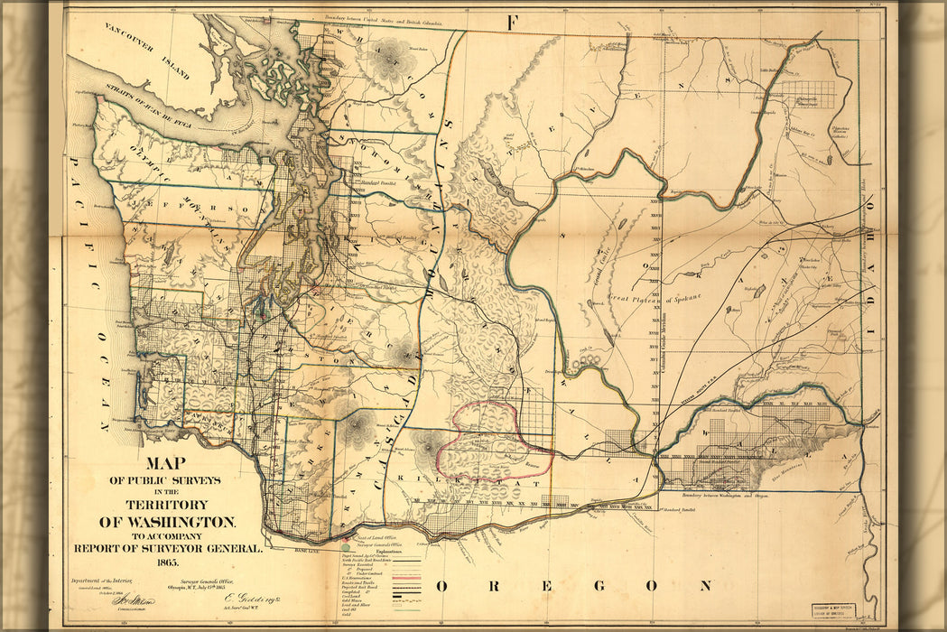 24"x36" Gallery Poster, Map of Washington state 1866