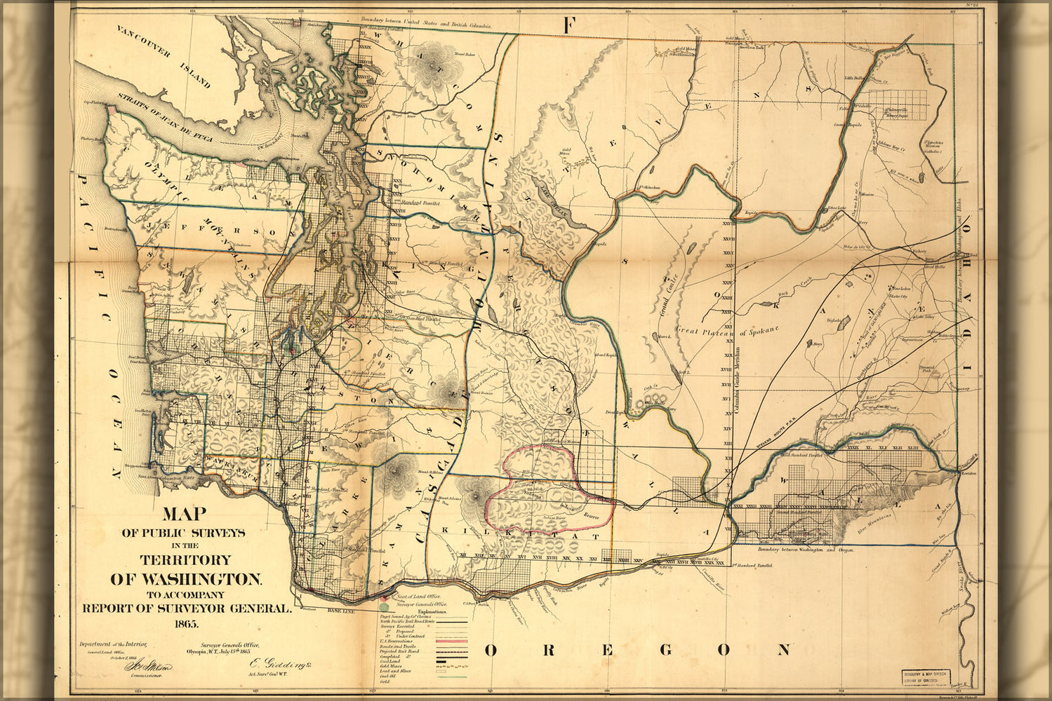 24"x36" Gallery Poster, Map of Washington state 1866