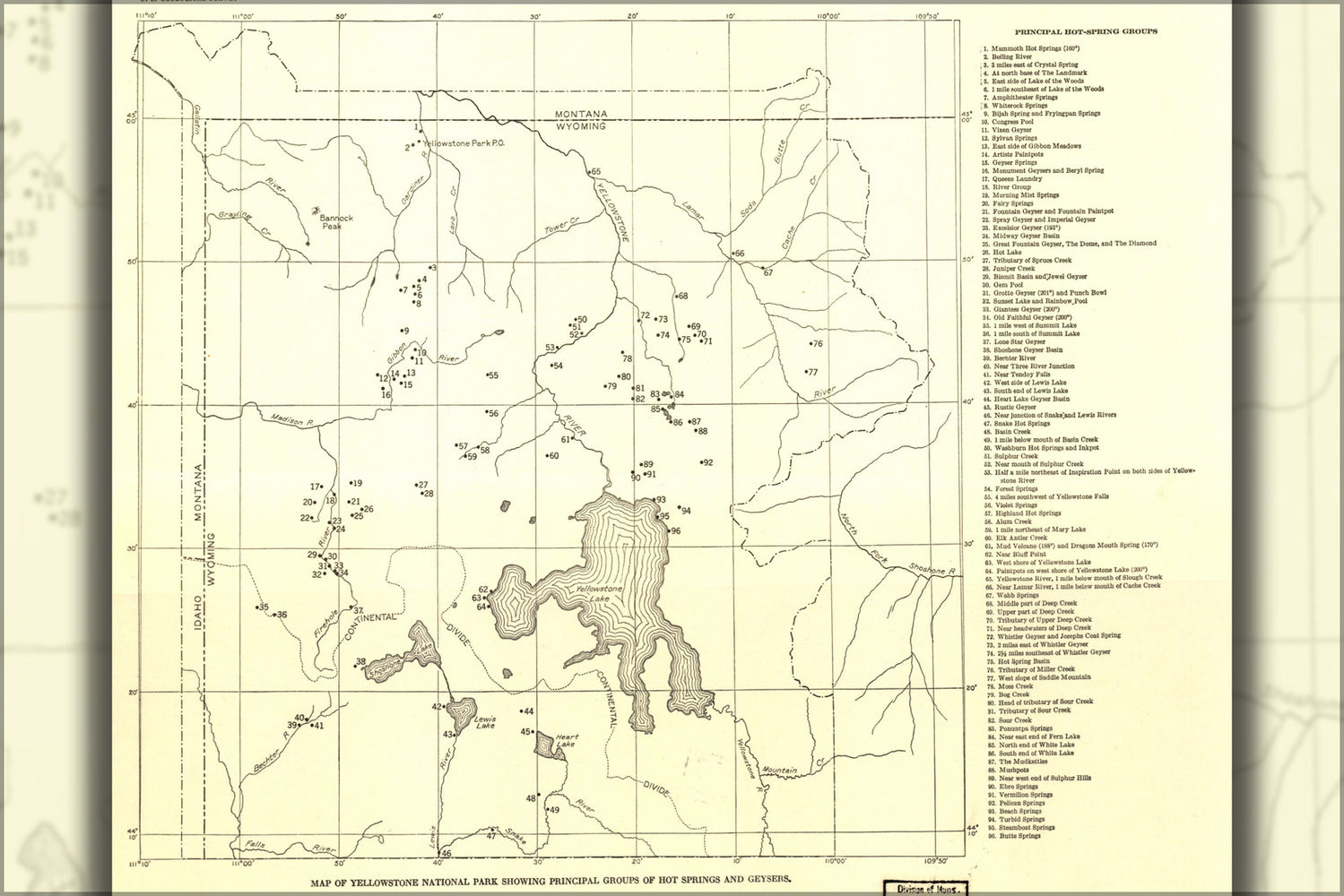 24"x36" Gallery Poster, Map of Yellowstone National Park geysers 1937