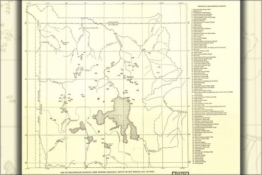 24"x36" Gallery Poster, Map of Yellowstone National Park geysers 1937