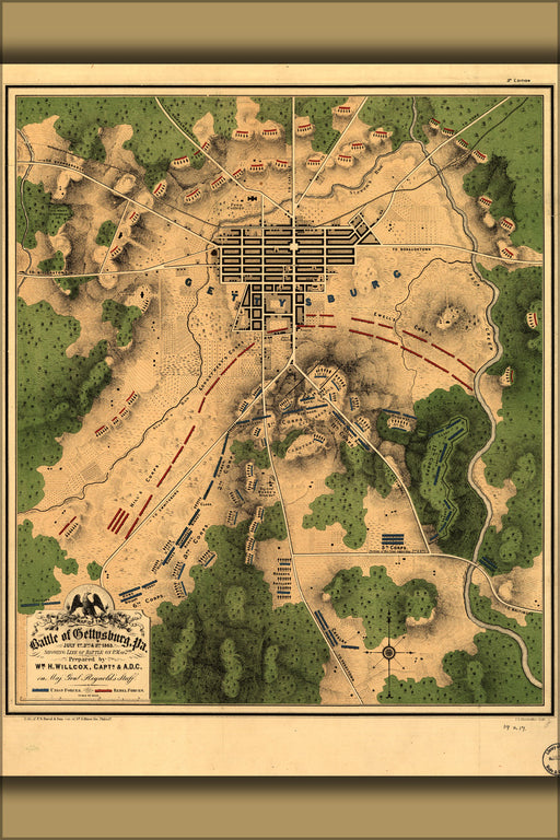 24"x36" Gallery Poster, Map of battle of Gettysburg July 2nd PM