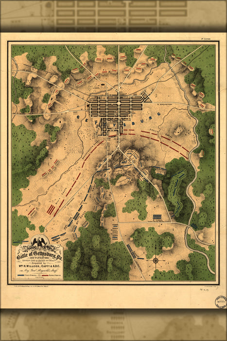 24"x36" Gallery Poster, Map of battle of Gettysburg july 2 afternoon 1863