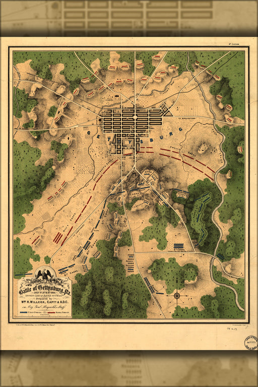 24"x36" Gallery Poster, Map of battle of Gettysburg july 2 afternoon 1863