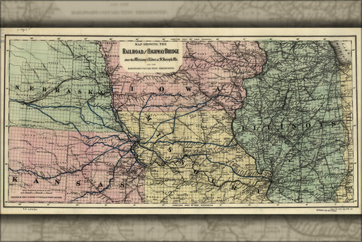 24"x36" Gallery Poster, Map of bridge Missouri River at St. Joseph 1872